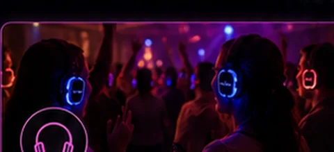 Gasten met verlichte silent-disco-koptelefoons
